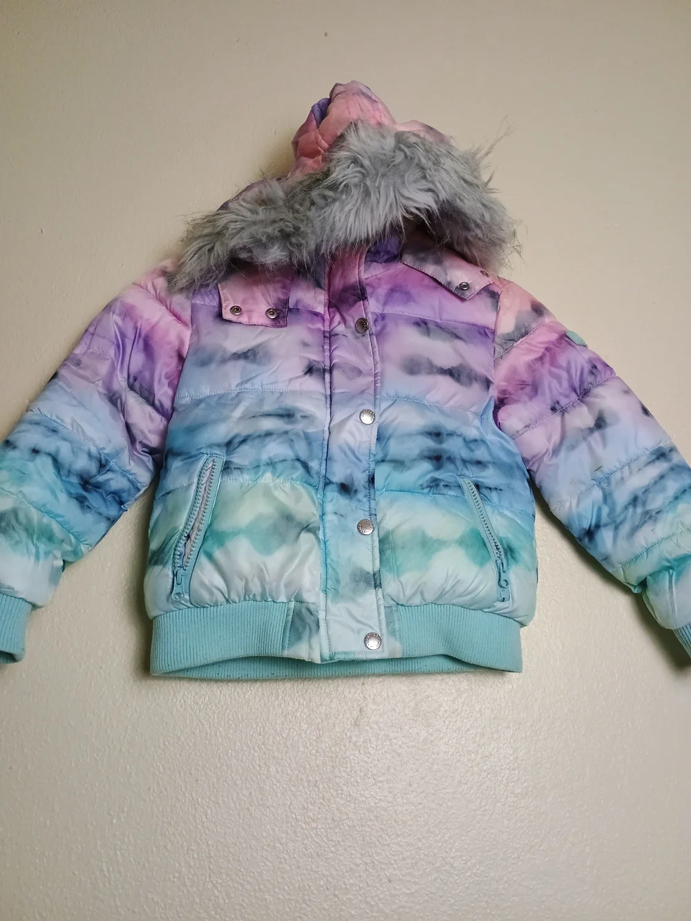 Justice XS | 5/6 Girl's Tie Dye Pastel  Matte Puffer Bomber Faux-Fur Hood Trim
